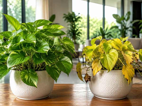 Money Plant leaves turning yellow with a healthy green Money Plant for comparison in a modern indoor home.